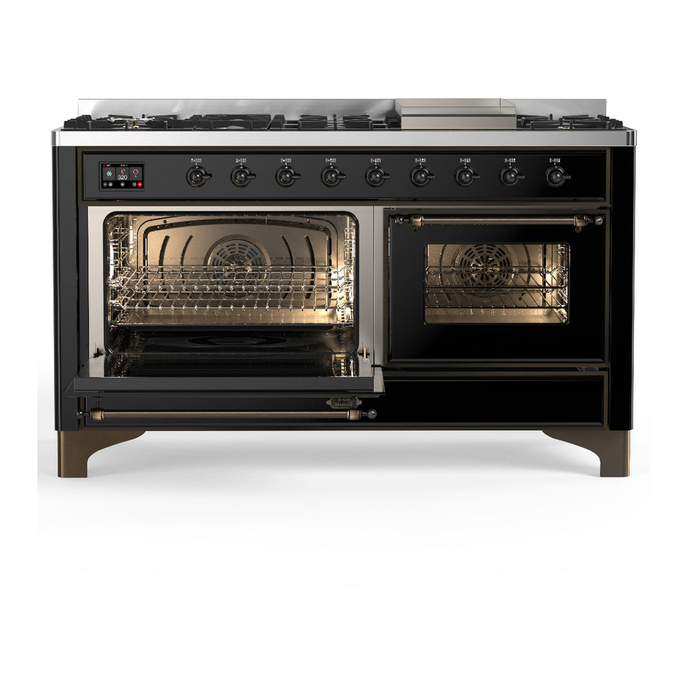 ILVE Majestic III 60" Glossy Black Dual Fuel Range with 9 Burners and Griddle Triple Glass Door Natural Gas