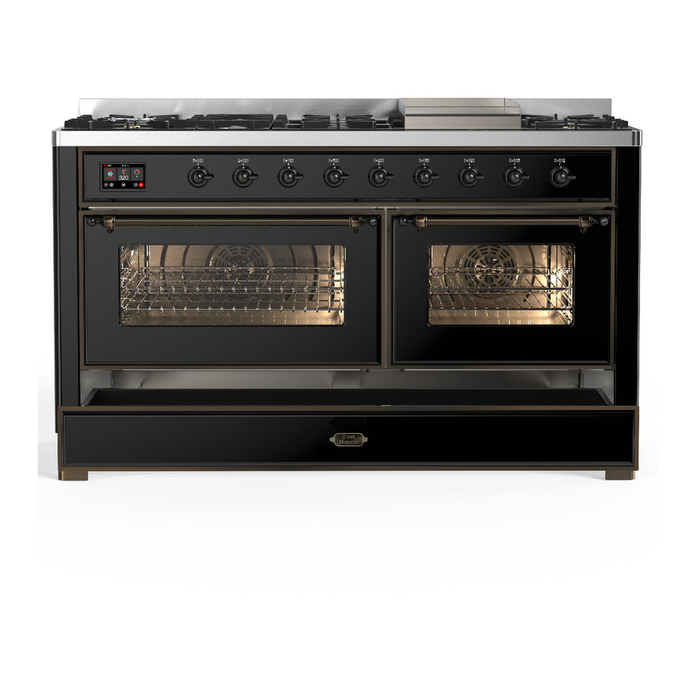 ILVE Majestic III 60" Glossy Black Dual Fuel Range with 9 Burners and Griddle Triple Glass Door Natural Gas