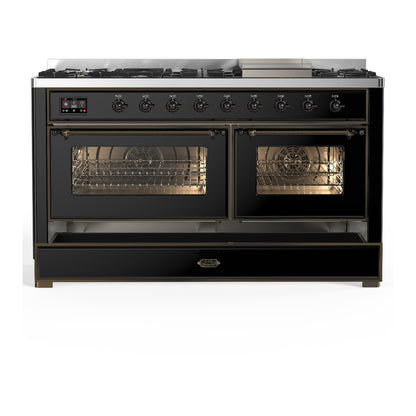 ILVE Majestic III 60" Glossy Black Dual Fuel Range with 9 Burners and Griddle Triple Glass Door Natural Gas