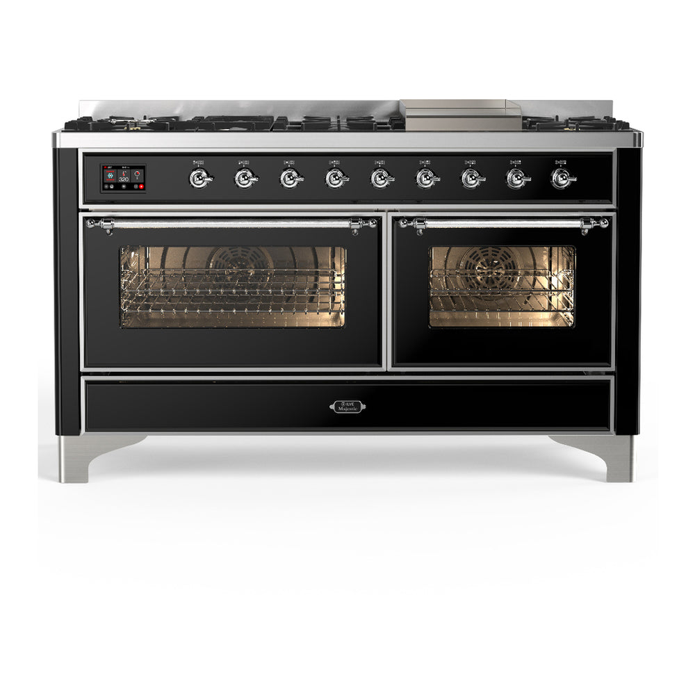 ILVE Majestic III 60" Glossy Black Dual Fuel Range with 9 Burners and Griddle Triple Glass Door Natural Gas
