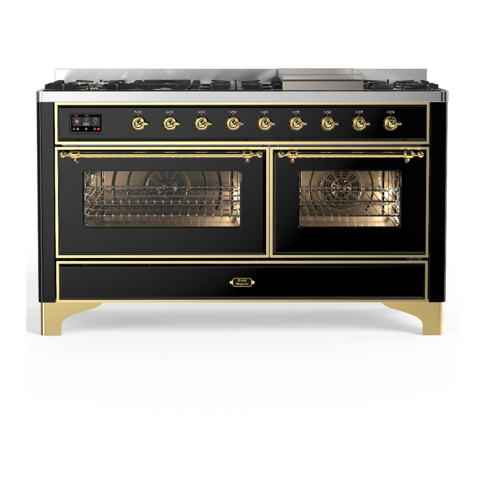 ILVE Majestic III 60" Glossy Black Dual Fuel Range with 9 Burners and Griddle Triple Glass Door Liquid Propane