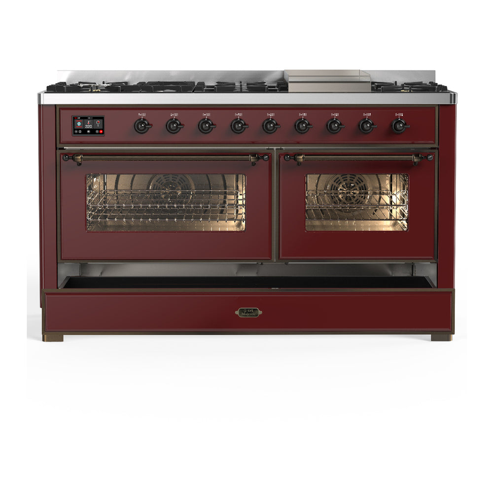 ILVE Majestic III 60" Burgundy Dual Fuel Range with 9 Burners and Griddle Triple Glass Door Liquid Propane