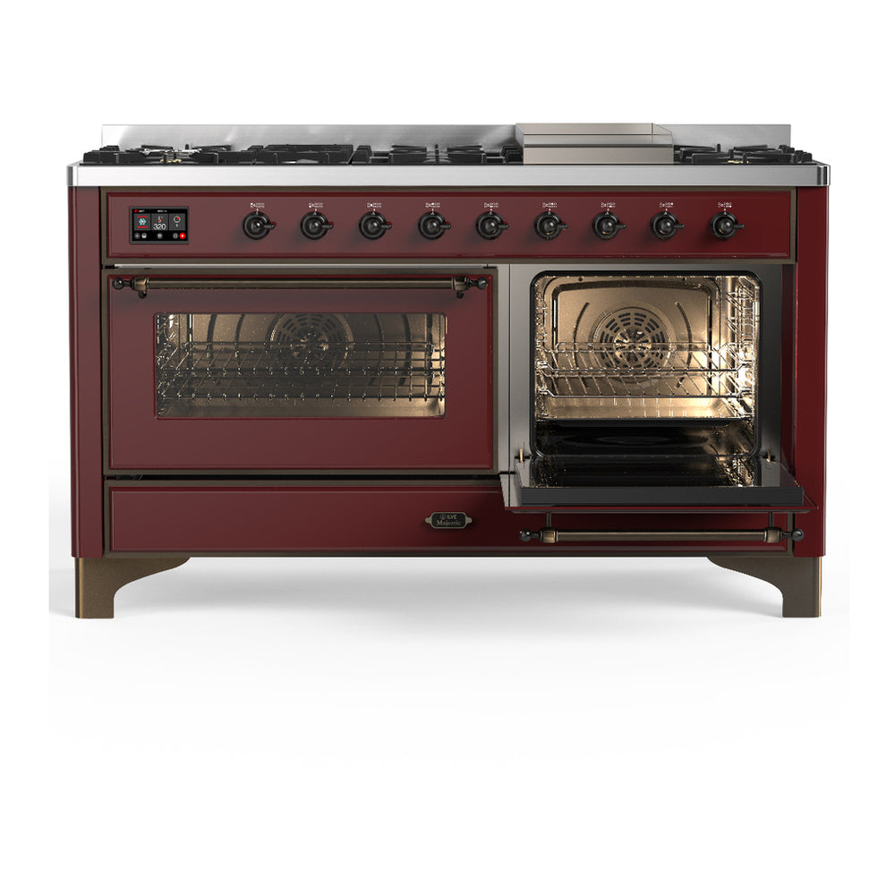 ILVE Majestic III 60" Burgundy Dual Fuel Range with 9 Burners and Griddle Triple Glass Door Natural Gas