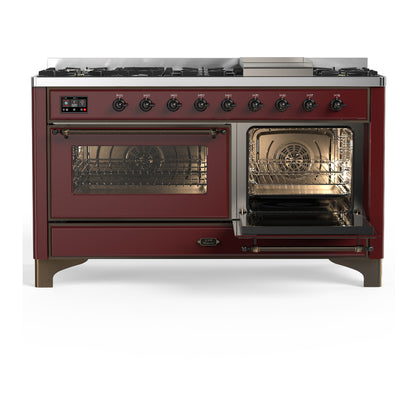 ILVE Majestic III 60" Burgundy Dual Fuel Range with 9 Burners and Griddle Triple Glass Door Natural Gas