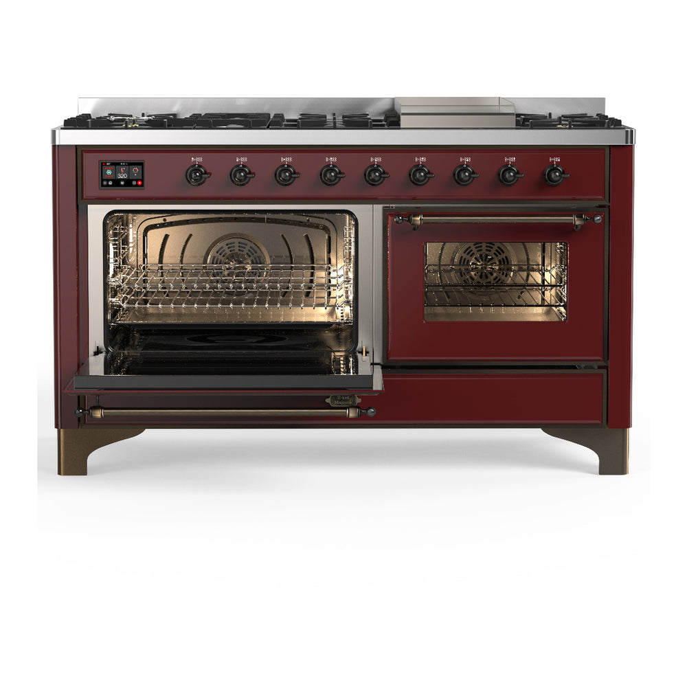ILVE Majestic III 60" Burgundy Dual Fuel Range with 9 Burners and Griddle Triple Glass Door Natural Gas