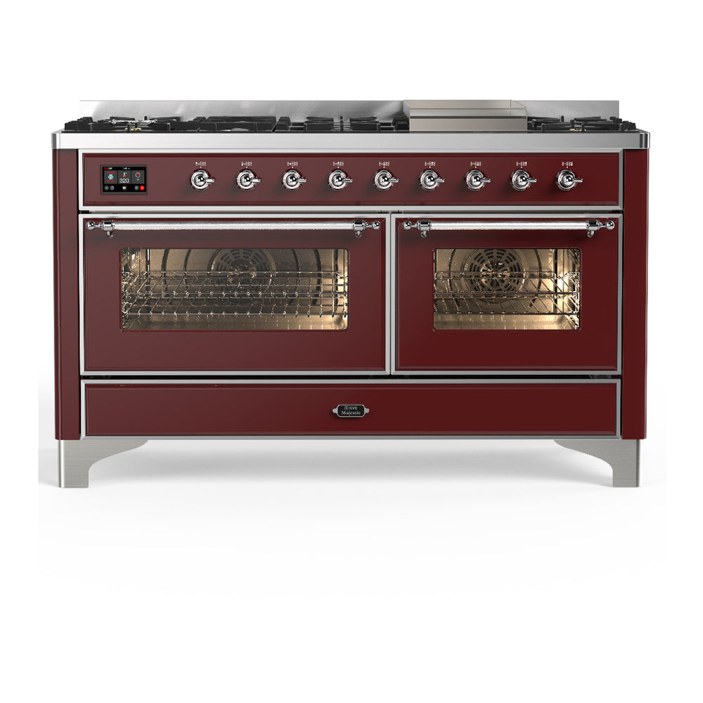ILVE Majestic III 60" Burgundy Dual Fuel Range with 9 Burners and Griddle Triple Glass Door Natural Gas