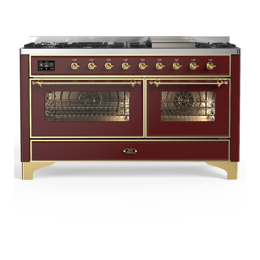 ILVE Majestic III 60" Burgundy Dual Fuel Range with 9 Burners and Griddle Triple Glass Door Liquid Propane