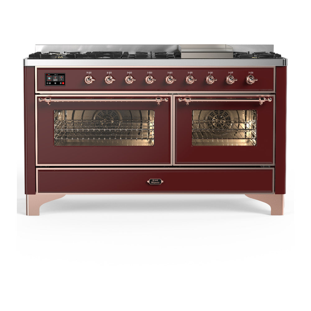 ILVE Majestic III 60" Burgundy Dual Fuel Range with 9 Burners and Griddle Triple Glass Door Liquid Propane