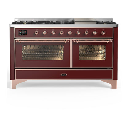 ILVE Majestic III 60" Burgundy Dual Fuel Range with 9 Burners and Griddle Triple Glass Door Liquid Propane