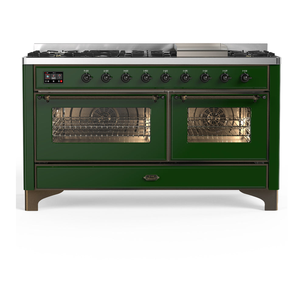 ILVE Majestic III 60" Emerald Green Dual Fuel Range with 9 Burners and Griddle Triple Glass Door Liquid Propane