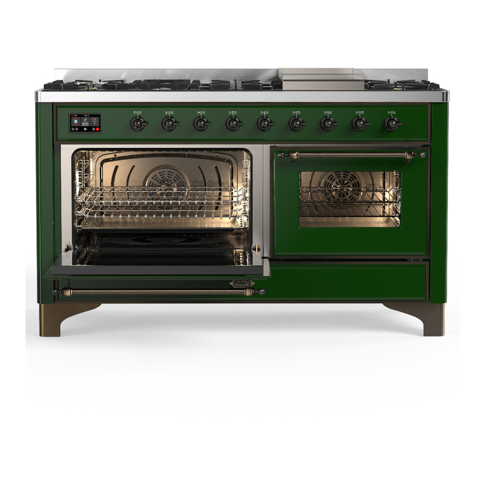 ILVE Majestic III 60" Emerald Green Dual Fuel Range with 9 Burners and Griddle Triple Glass Door Liquid Propane