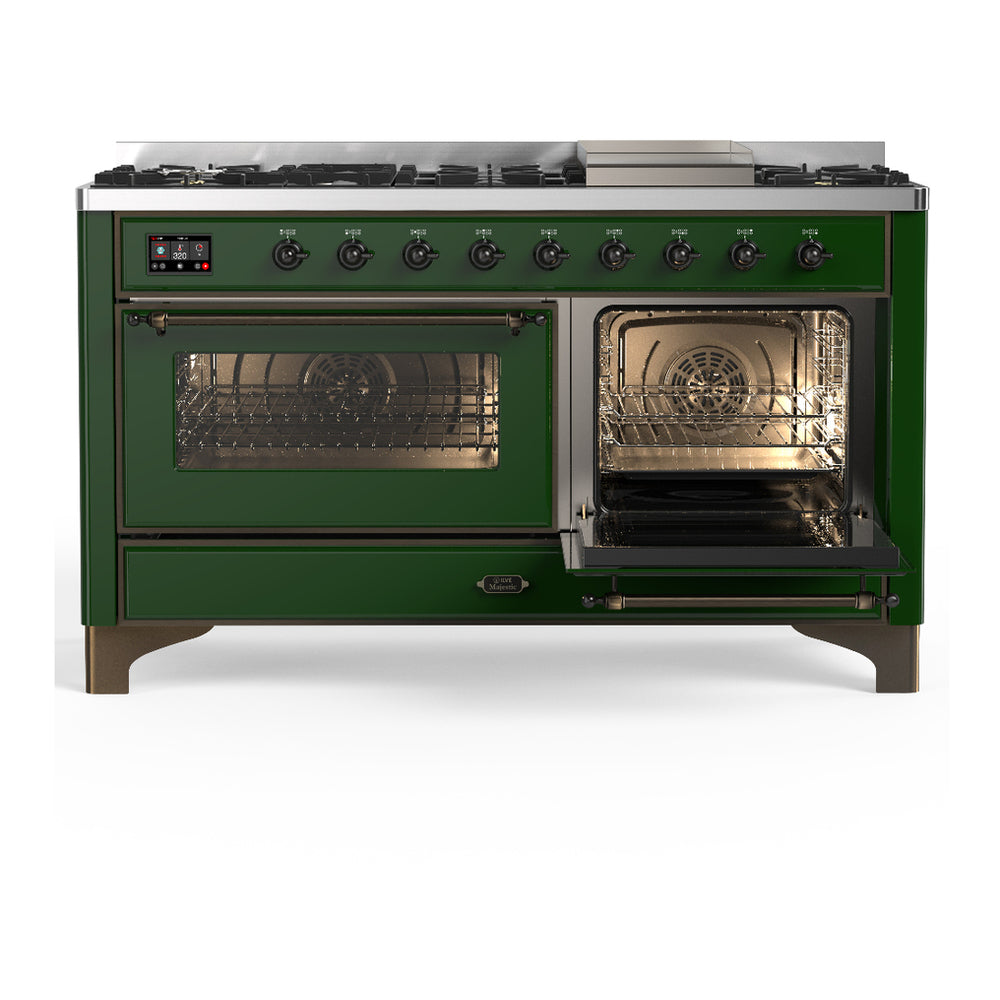 ILVE Majestic III 60" Emerald Green Dual Fuel Range with 9 Burners and Griddle Triple Glass Door Natural Gas