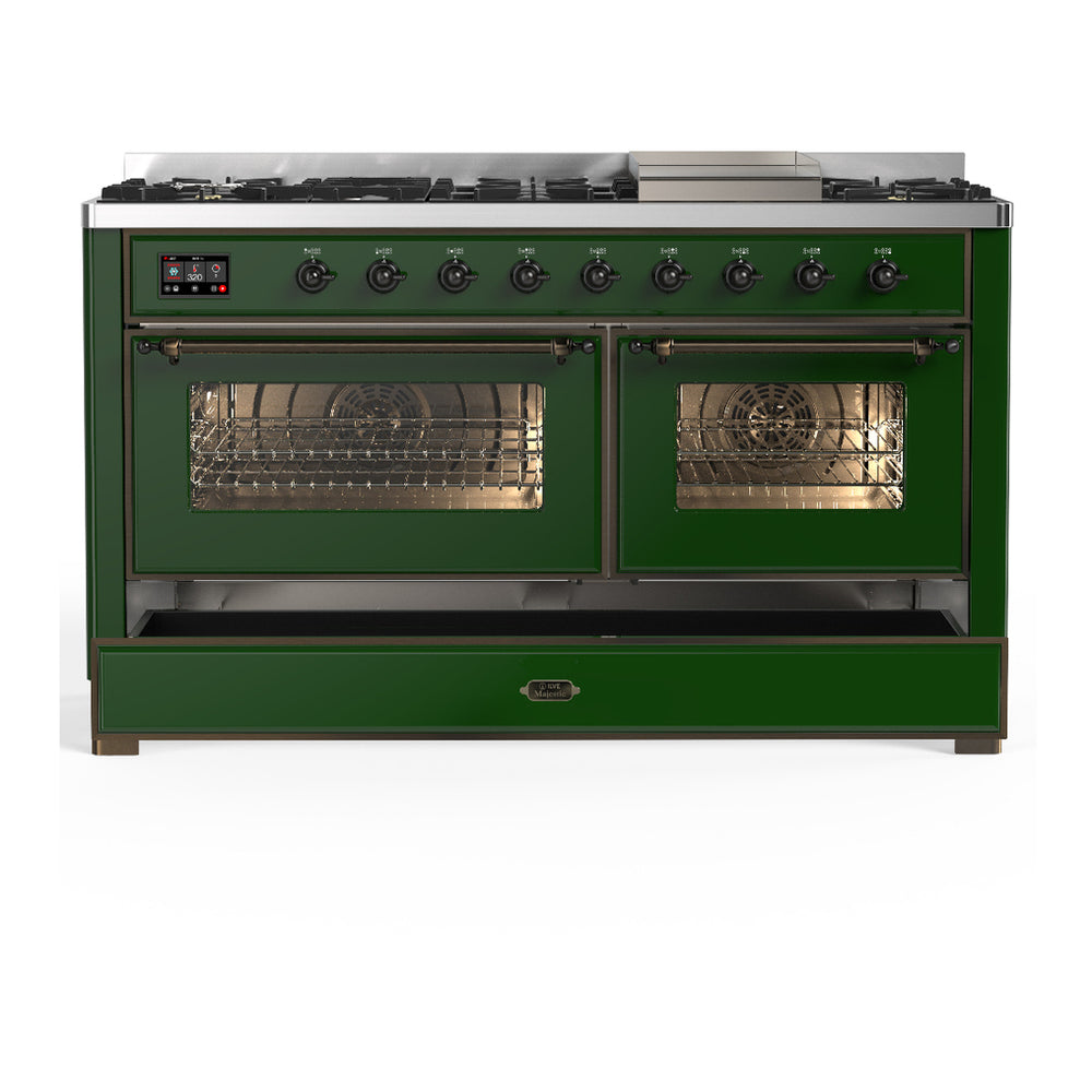 ILVE Majestic III 60" Emerald Green Dual Fuel Range with 9 Burners and Griddle Triple Glass Door Natural Gas