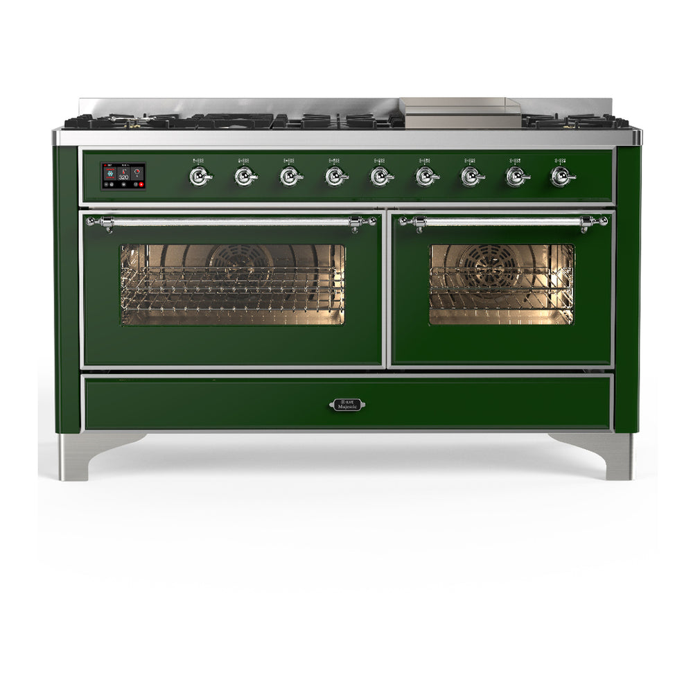 ILVE Majestic III 60" Emerald Green Dual Fuel Range with 9 Burners and Griddle Triple Glass Door Liquid Propane