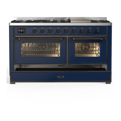 ILVE Majestic III 60" Midnight Blue Dual Fuel Range with 9 Burners and Griddle Triple Glass Door Liquid Propane