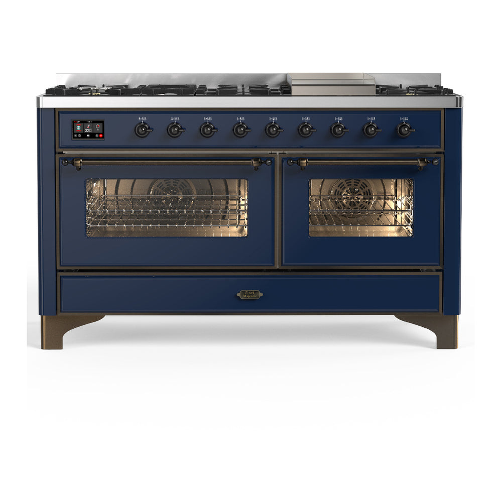 ILVE Majestic III 60" Midnight Blue Dual Fuel Range with 9 Burners and Griddle Triple Glass Door Natural Gas