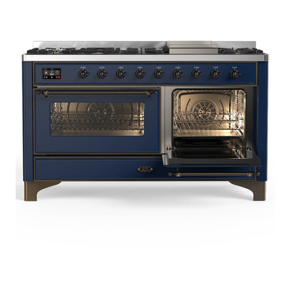 ILVE Majestic III 60" Midnight Blue Dual Fuel Range with 9 Burners and Griddle Triple Glass Door Natural Gas