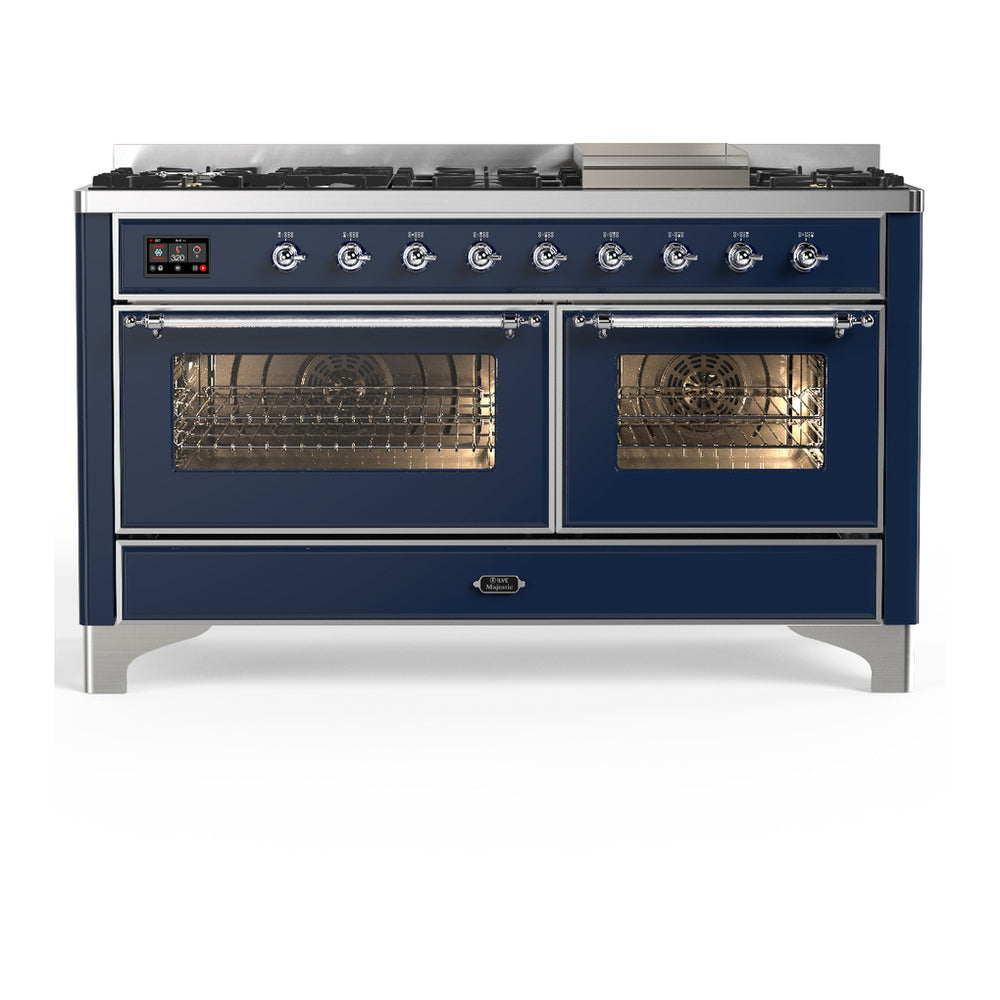 ILVE Majestic III 60" Midnight Blue Dual Fuel Range with 9 Burners and Griddle Triple Glass Door Natural Gas
