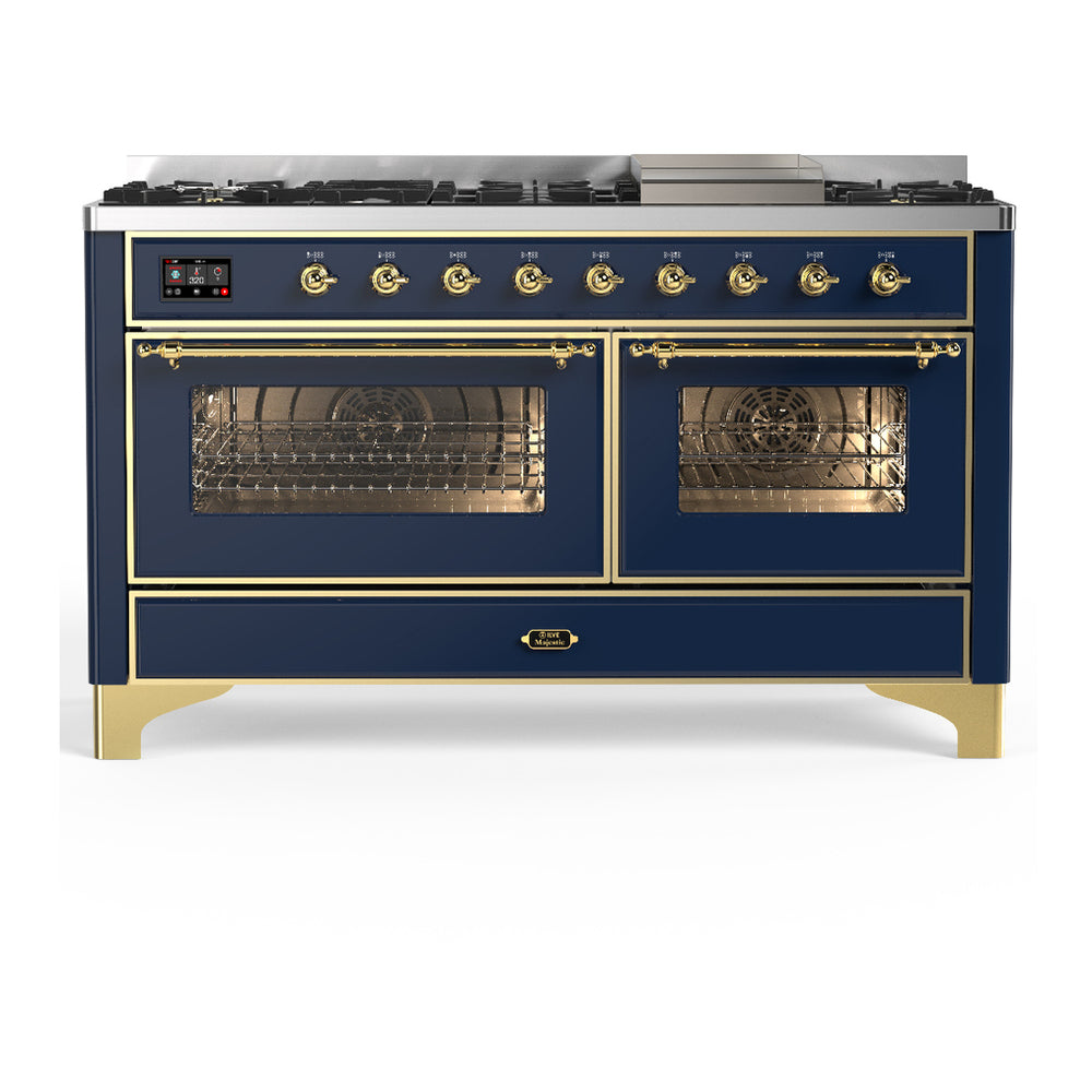 ILVE Majestic III 60" Midnight Blue Dual Fuel Range with 9 Burners and Griddle Triple Glass Door Liquid Propane
