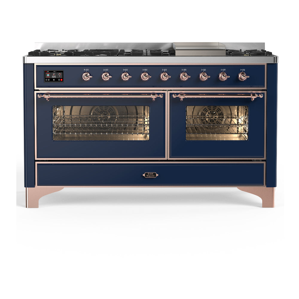ILVE Majestic III 60" Midnight Blue Dual Fuel Range with 9 Burners and Griddle Triple Glass Door Liquid Propane