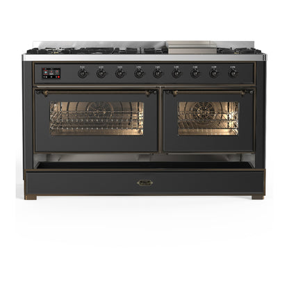 ILVE Majestic III 60" Graphite Matte Dual Fuel Range with 9 Burners and Griddle Triple Glass Door Liquid Propane