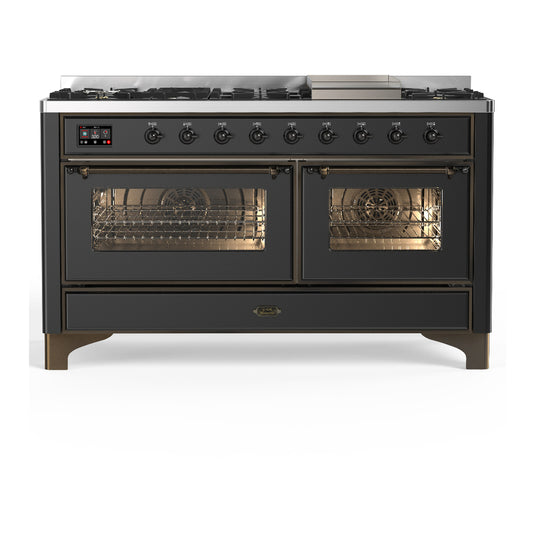 ILVE Majestic III 60" Graphite Matte Dual Fuel Range with 9 Burners and Griddle Triple Glass Door Natural Gas