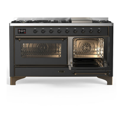 ILVE Majestic III 60" Graphite Matte Dual Fuel Range with 9 Burners and Griddle Triple Glass Door Natural Gas
