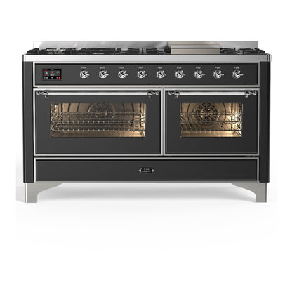 ILVE Majestic III 60" Graphite Matte Dual Fuel Range with 9 Burners and Griddle Triple Glass Door Liquid Propane