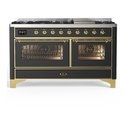 ILVE Majestic III 60" Graphite Matte Dual Fuel Range with 9 Burners and Griddle Triple Glass Door Liquid Propane