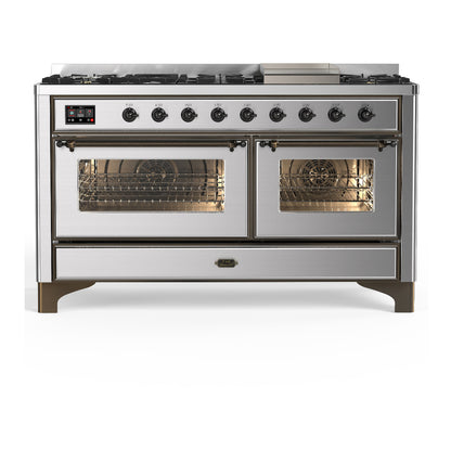 ILVE Majestic III 60" Stainless Steel Dual Fuel Range with 9 Burners and Griddle Triple Glass Door Liquid Propane