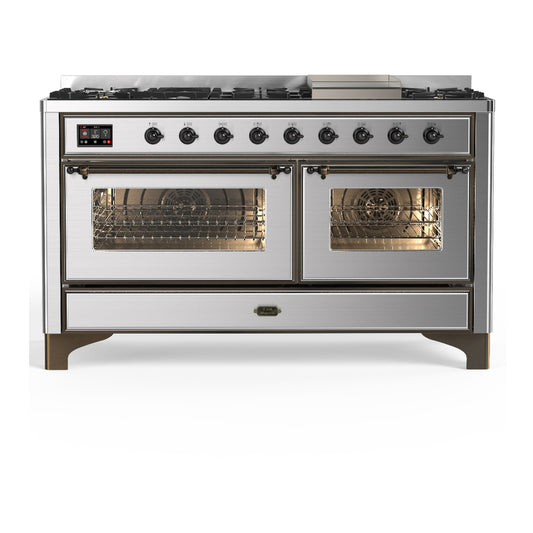 ILVE Majestic III 60" Stainless Steel Dual Fuel Range with 9 Burners and Griddle Triple Glass Door Liquid Propane