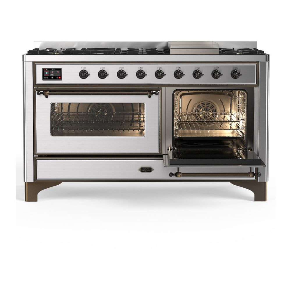 ILVE Majestic III 60" Stainless Steel Dual Fuel Range with 9 Burners and Griddle Triple Glass Door Liquid Propane