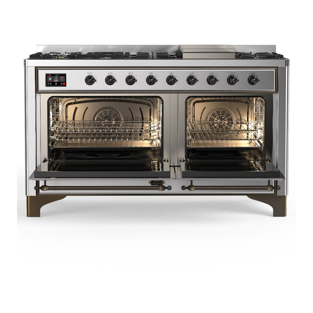 ILVE Majestic III 60" Stainless Steel Dual Fuel Range with 9 Burners and Griddle Triple Glass Door Natural Gas