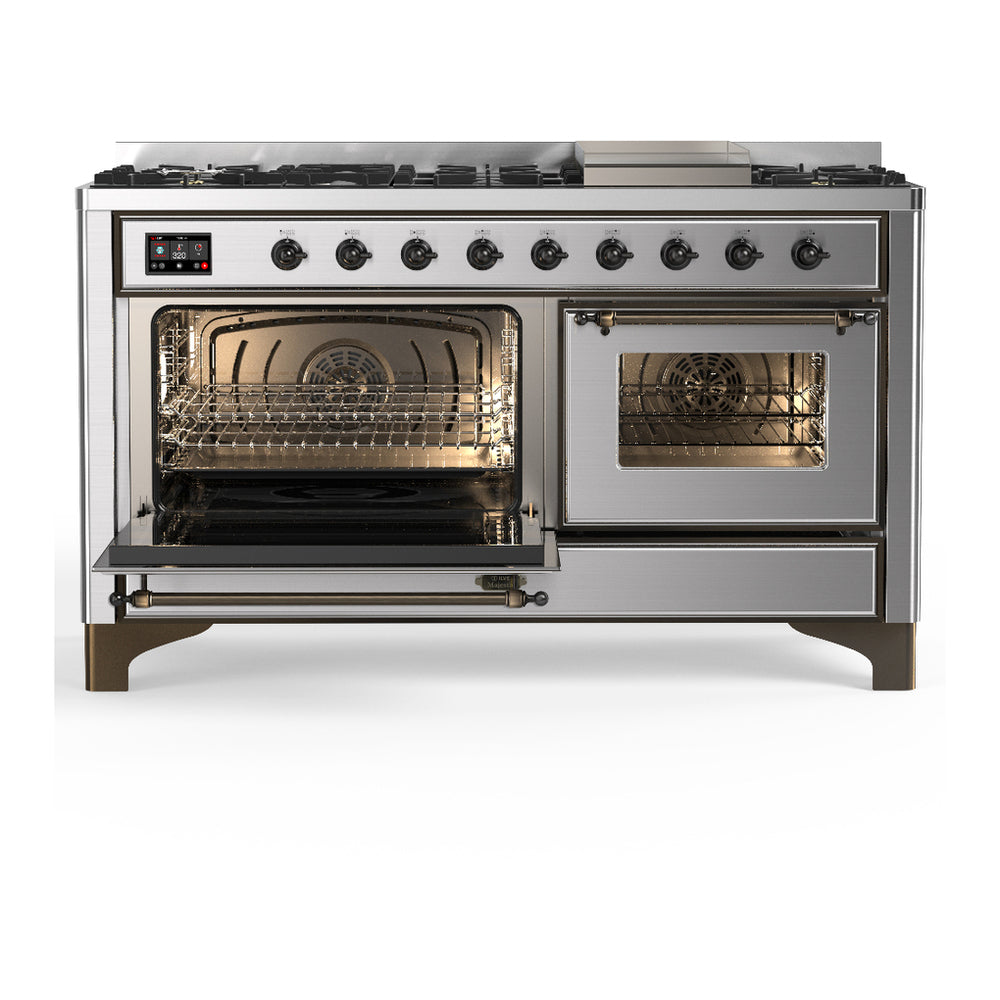 ILVE Majestic III 60" Stainless Steel Dual Fuel Range with 9 Burners and Griddle Triple Glass Door Natural Gas