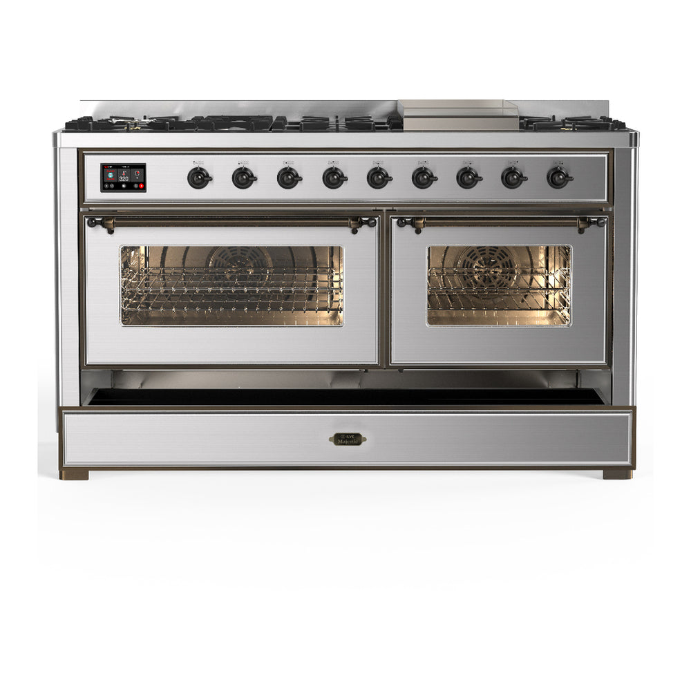 ILVE Majestic III 60" Stainless Steel Dual Fuel Range with 9 Burners and Griddle Triple Glass Door Natural Gas