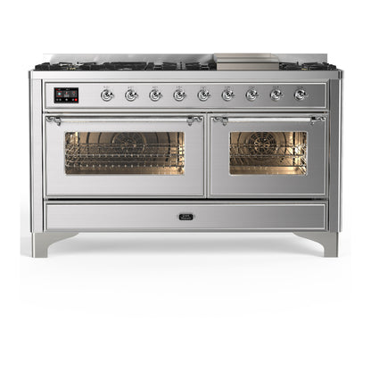 ILVE Majestic III 60" Stainless Steel Dual Fuel Range with 9 Burners and Griddle Triple Glass Door Liquid Propane
