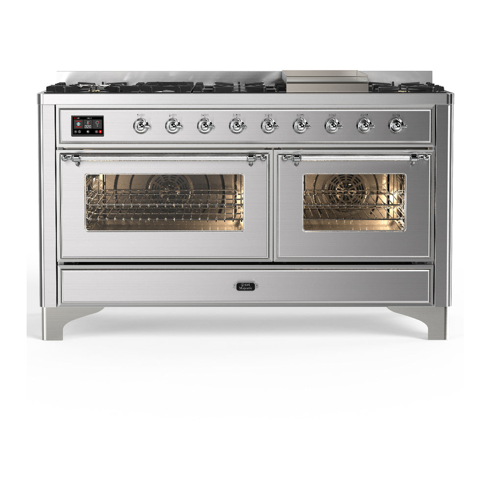 ILVE Majestic III 60" Stainless Steel Dual Fuel Range with 9 Burners and Griddle Triple Glass Door Natural Gas