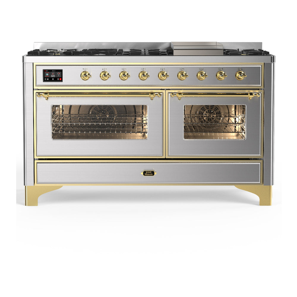 ILVE Majestic III 60" Stainless Steel Dual Fuel Range with 9 Burners and Griddle Triple Glass Door Natural Gas