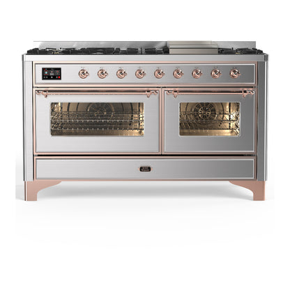 ILVE Majestic III 60" Stainless Steel Dual Fuel Range with 9 Burners and Griddle Triple Glass Door Natural Gas