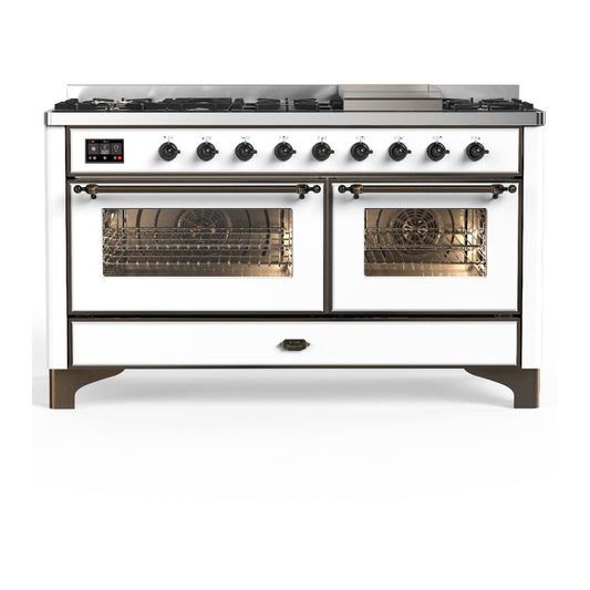 ILVE Majestic III 60" White Dual Fuel Range with 9 Burners and Griddle Triple Glass Door Liquid Propane