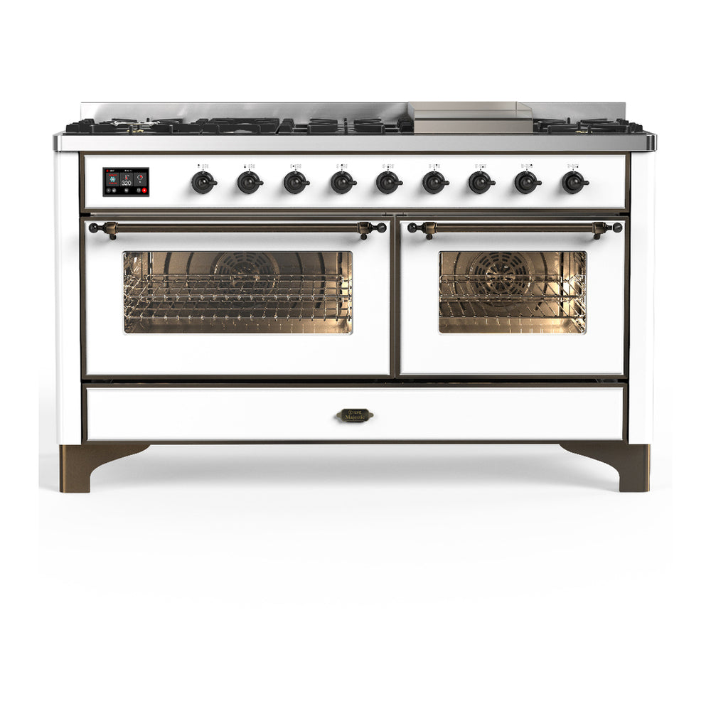 ILVE Majestic III 60" White Dual Fuel Range with 9 Burners and Griddle Triple Glass Door Natural Gas