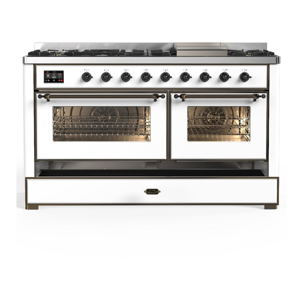 ILVE Majestic III 60" White Dual Fuel Range with 9 Burners and Griddle Triple Glass Door Natural Gas