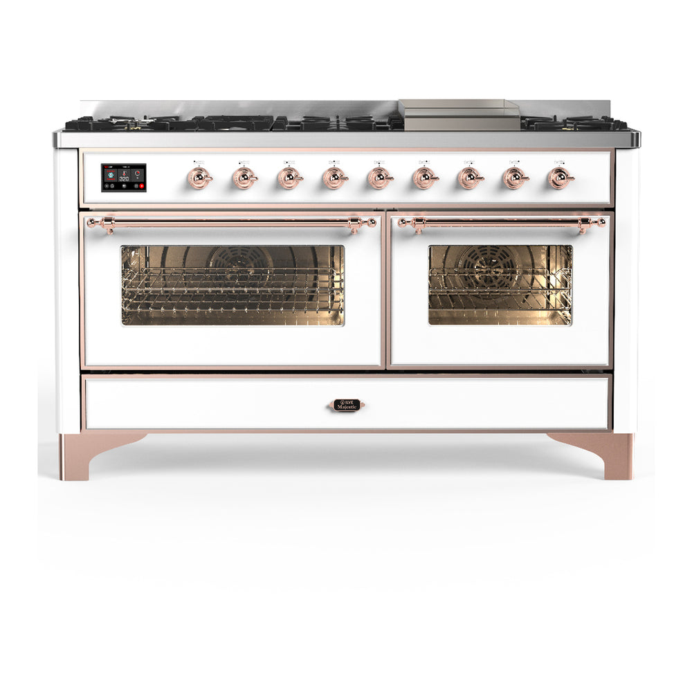 ILVE Majestic III 60" White Dual Fuel Range with 9 Burners and Griddle Triple Glass Door Natural Gas