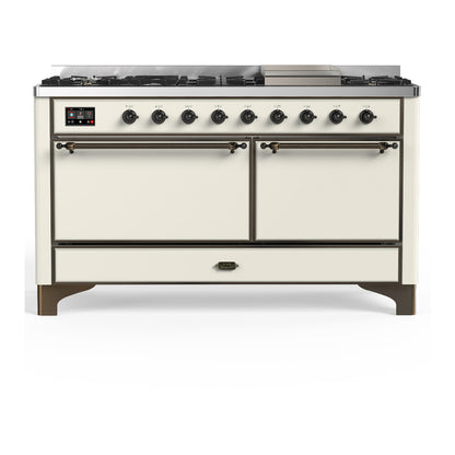 ILVE Majestic III 60" Antique White Dual Fuel Range with 9 Burners and Griddle Solid Door Liquid Propane