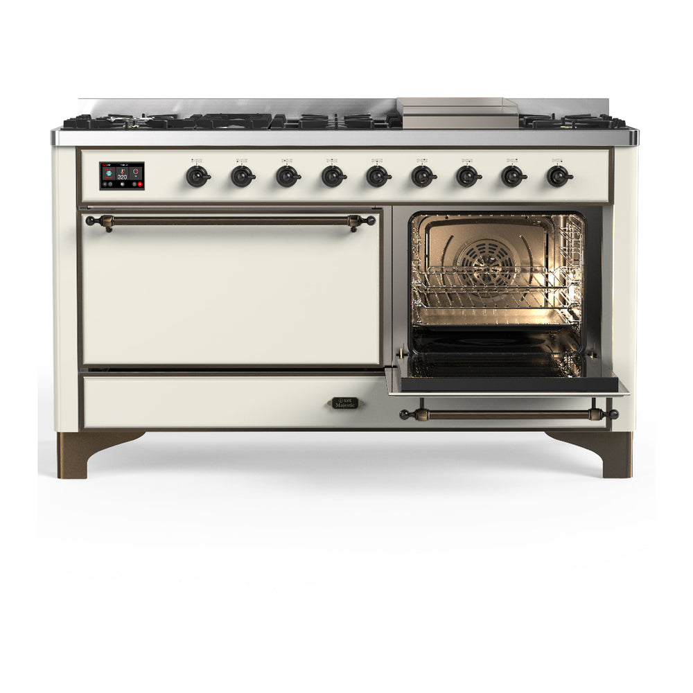 ILVE Majestic III 60" Antique White Dual Fuel Range with 9 Burners and Griddle Solid Door Liquid Propane