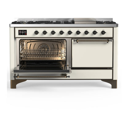 ILVE Majestic III 60" Antique White Dual Fuel Range with 9 Burners and Griddle Solid Door Liquid Propane