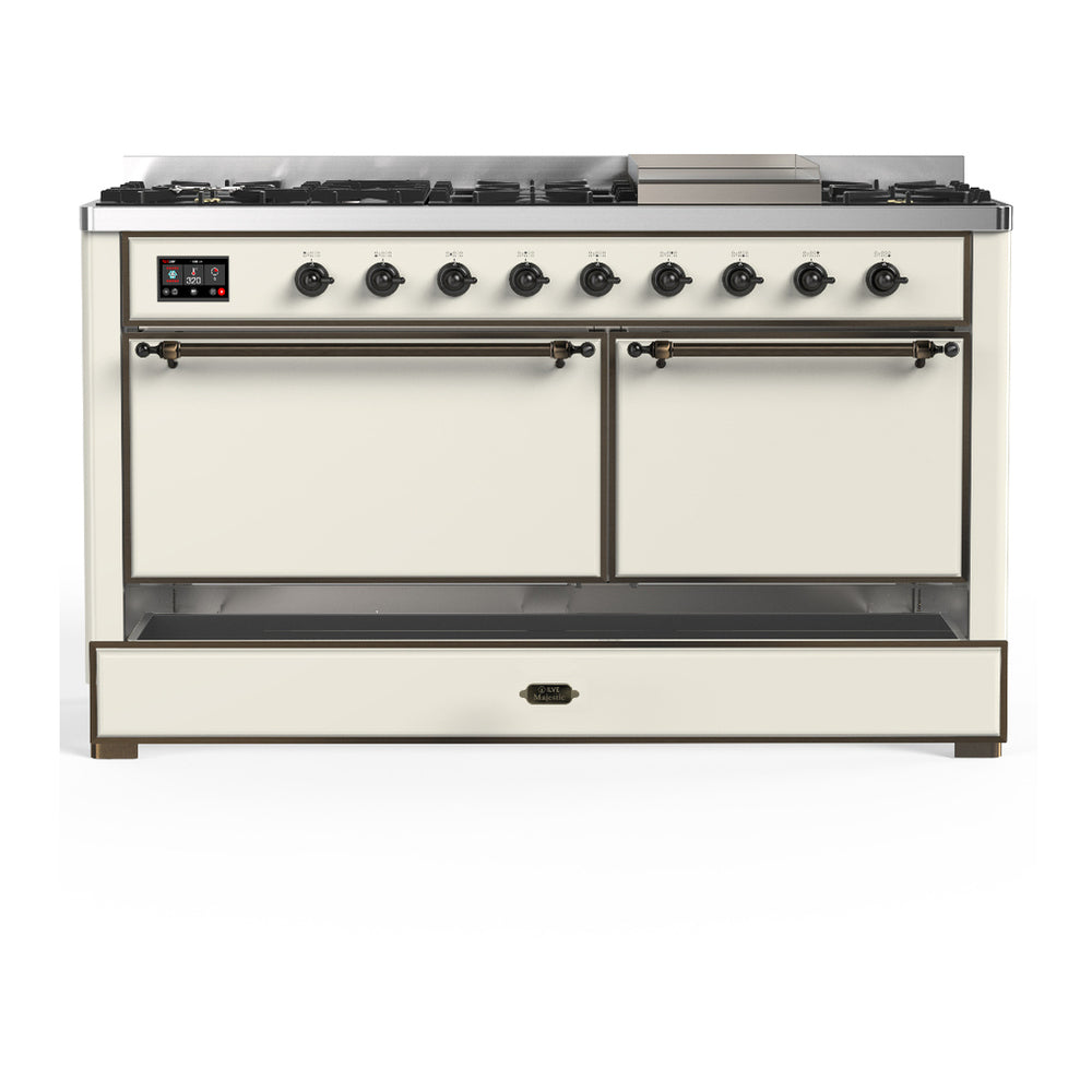 ILVE Majestic III 60" Antique White Dual Fuel Range with 9 Burners and Griddle Solid Door Liquid Propane