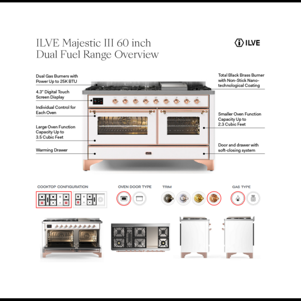 ILVE Majestic III 60" Antique White Dual Fuel Range with 9 Burners and Griddle Solid Door Liquid Propane