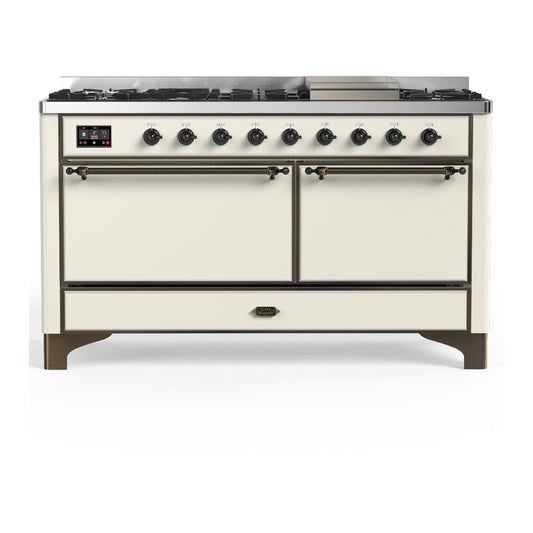 ILVE Majestic III 60" Antique White Dual Fuel Range with 9 Burners and Griddle Solid Door Natural Gas
