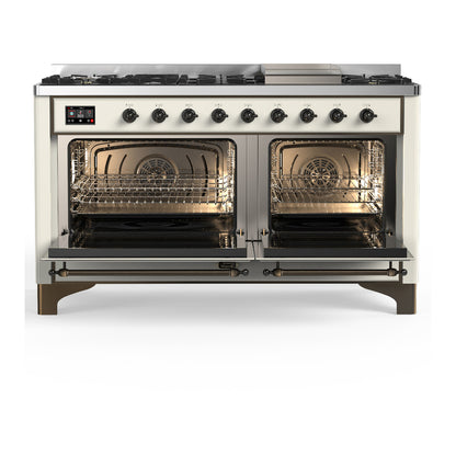 ILVE Majestic III 60" Antique White Dual Fuel Range with 9 Burners and Griddle Solid Door Natural Gas